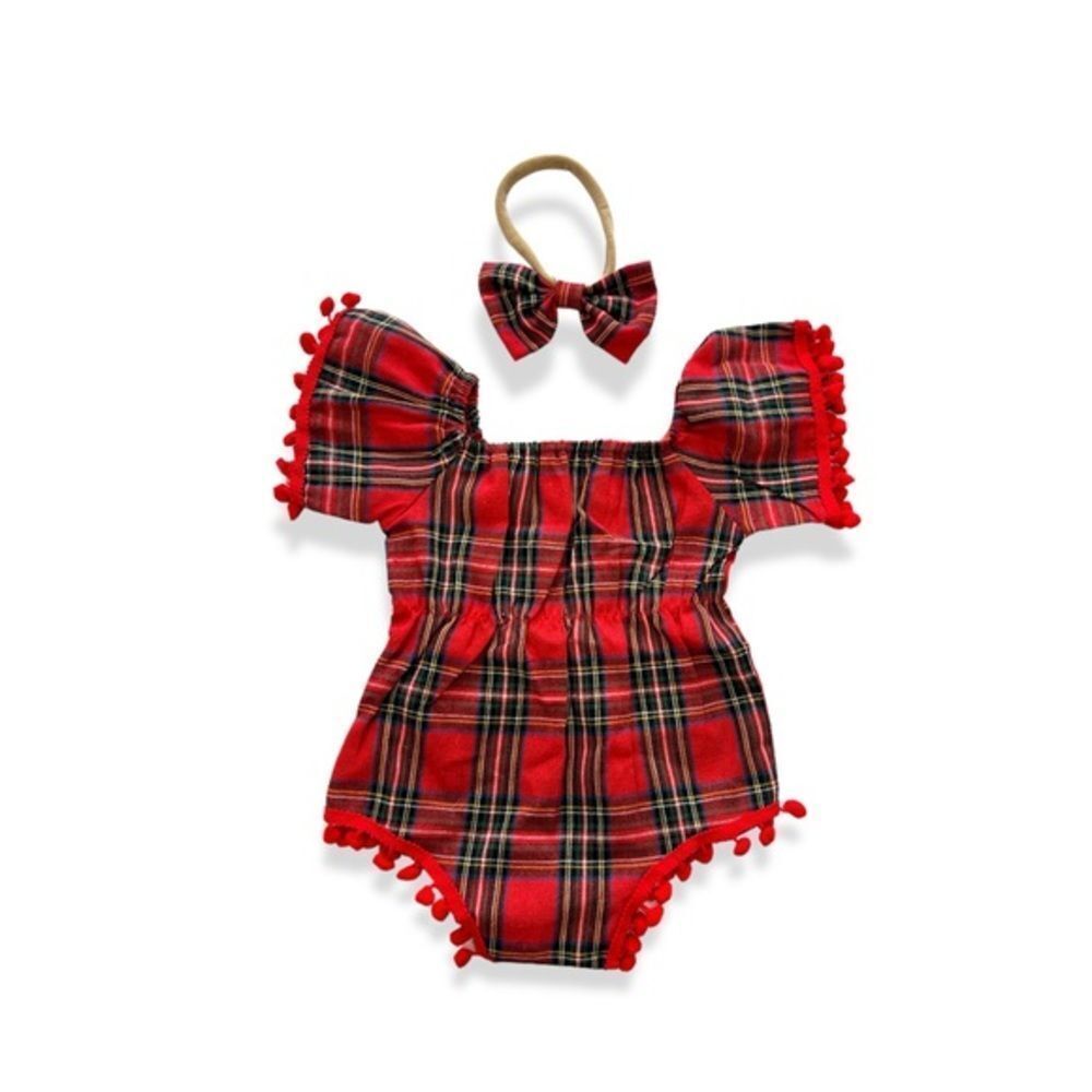 NEW baby romper tartan plaid baby photo shoot  gift set headband new baby red 9M